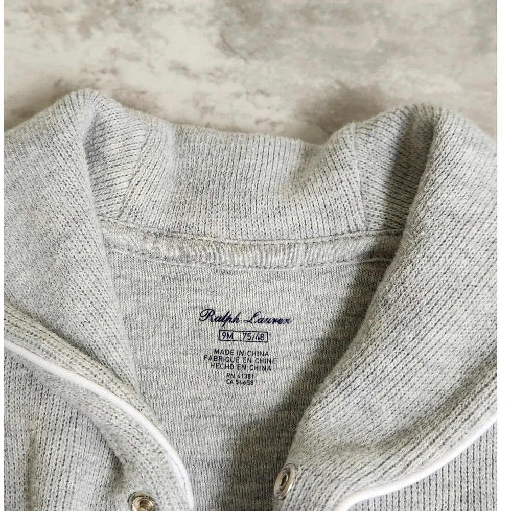Ralph Lauren One Piece Baby 9M Gray Pony Logo Ribbed Snap Jumpsuit Classic